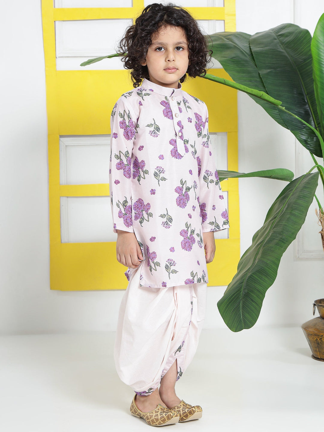 Petal Pink Floral Muslin Kurta with Cotton Dhoti | SHOBITAM