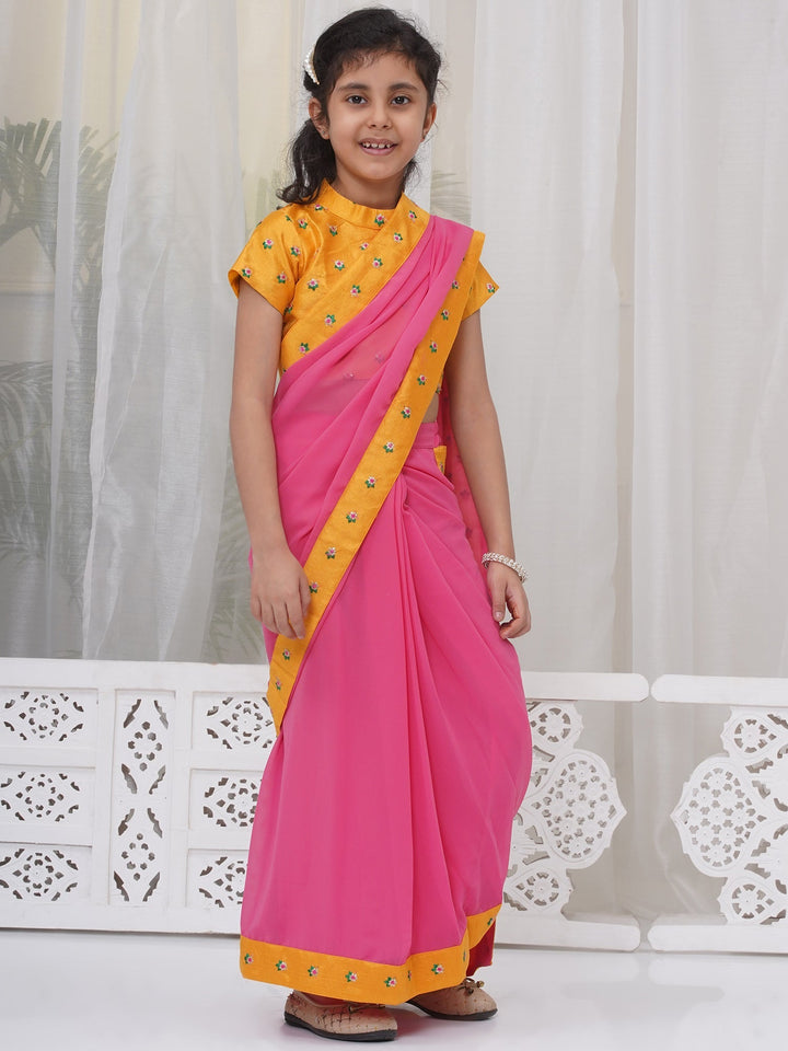 Girls Brocade Short Sleeves Sequin Floral Embroidery Ready to wear Blouse with Ready to wear Georgette Saree - Pink | SHOBITAM