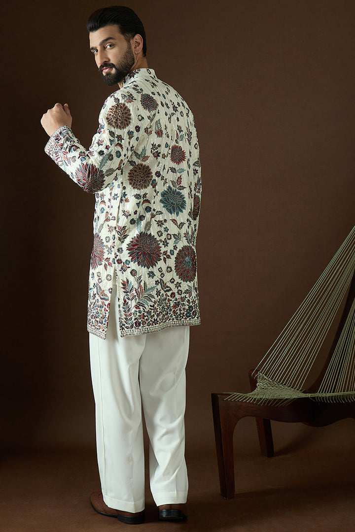 White Georgette Solid Embroidered Straight Kurta | SHOBITAM