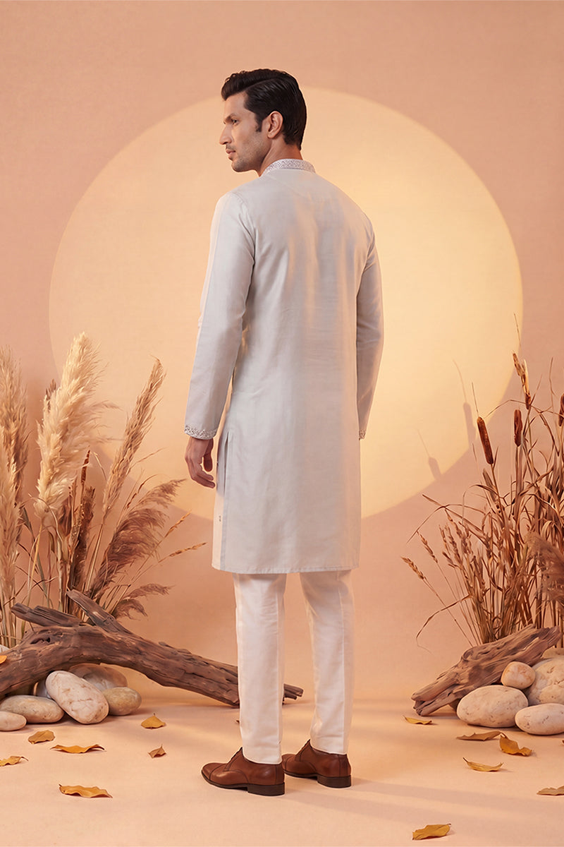 Mens Grey Silk Blend Solid Emboidered Sequins Kurta With Trouser | SHOBITAM