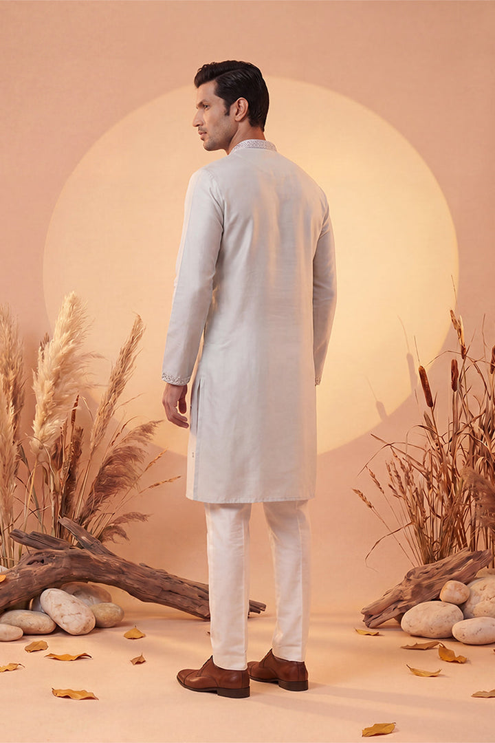 Mens Grey Silk Blend Solid Emboidered Sequins Kurta With Trouser | SHOBITAM