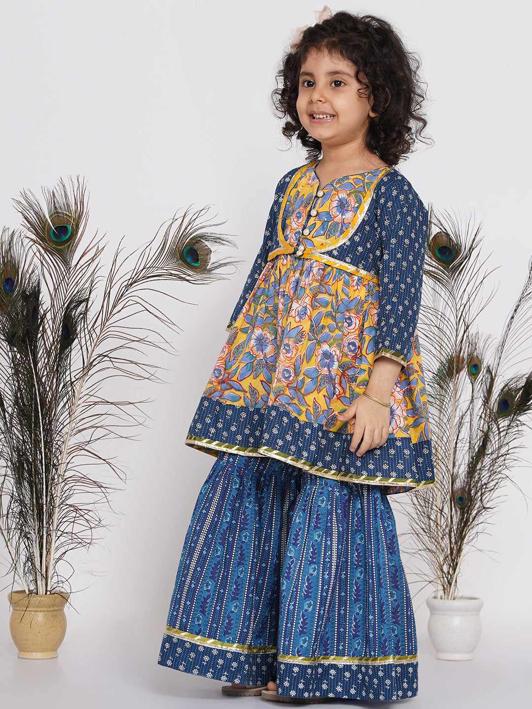 Girls Floral Kurta with Indigo Floral Jacket with Sharara and Dupatta in Blue & Yellow | SHOBITAM