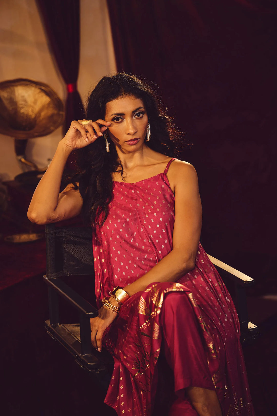 Pink Gold Foil Print Muslin Silk Flared Kurta Set| SHOBITAM