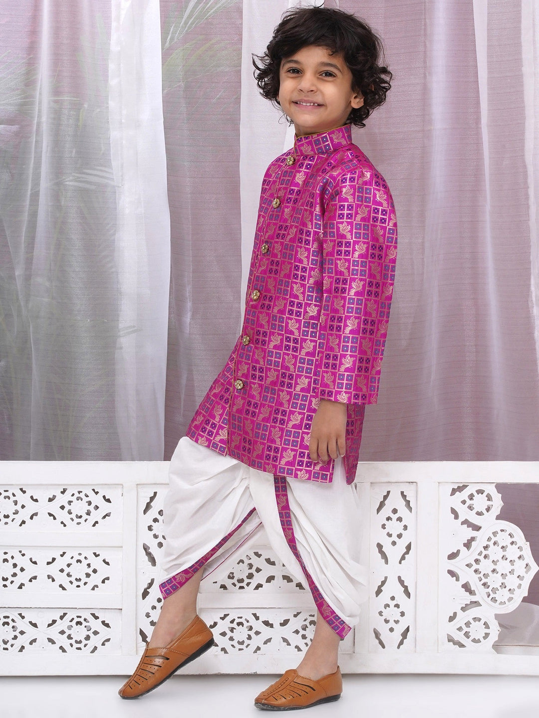 Boys Silk Brocade Full Sleeves Sherwani and Dhoti with Bird Embroidery & Kundan Buttons- Magenta | SHOBITAM