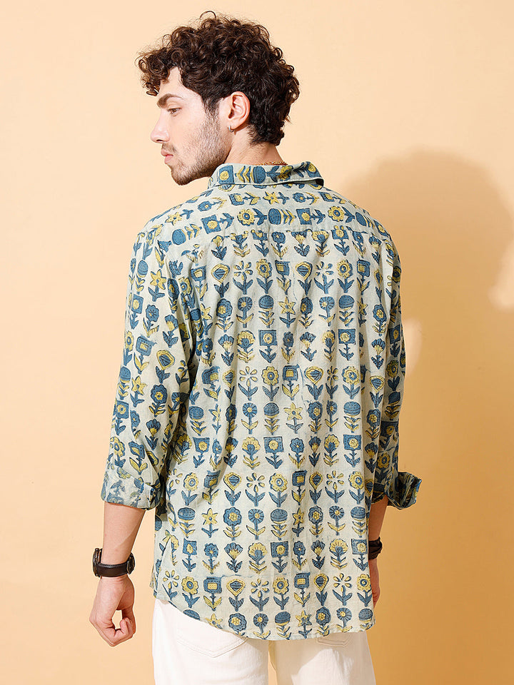 Indigo Dusk Ajrakh Full Sleeve Cotton Shirt in Indigo for Men