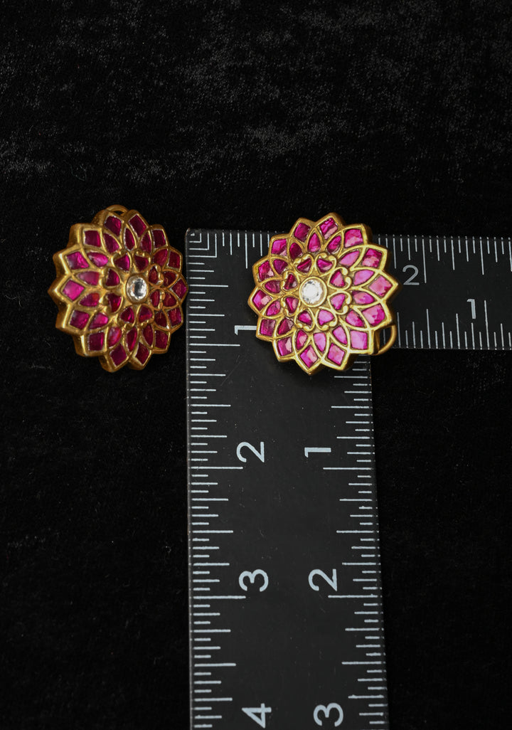 92.5 Silver Pink Stone Large Floral Studs
