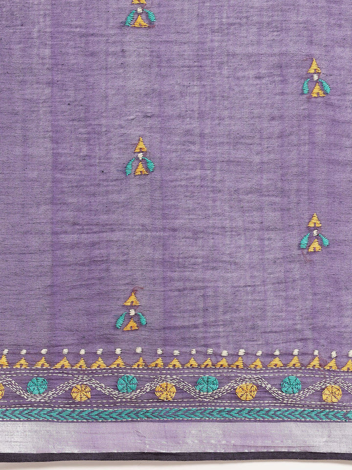 Violet Handloom Cotton Saree with Kantha Embroidery