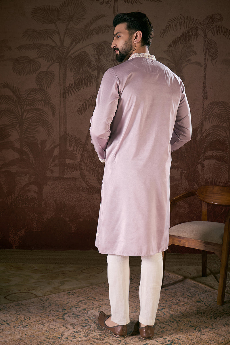 Lavender Silk Blend Solid Embroidered Straight Kurta | SHOBITAM