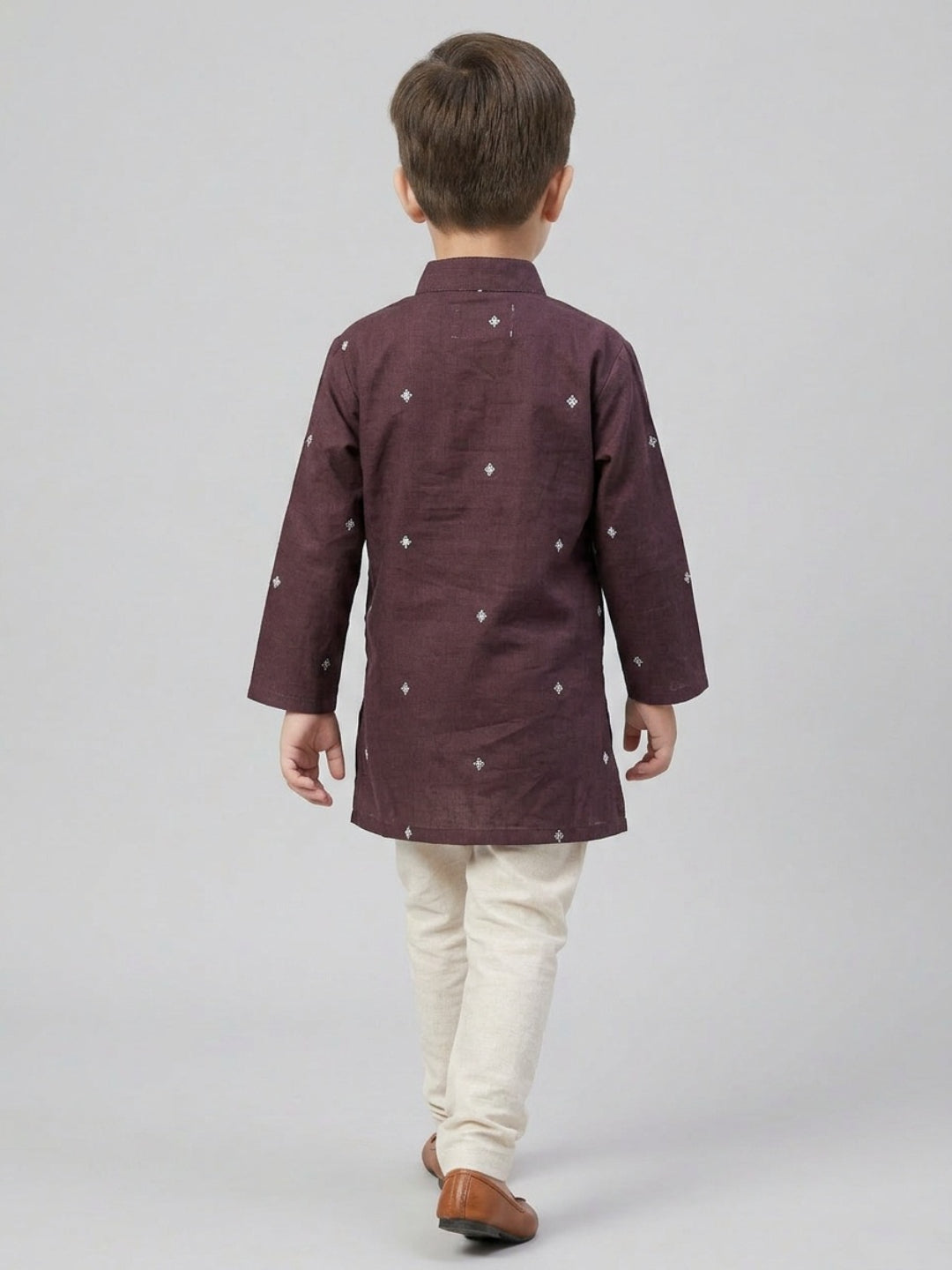 Boys Maroon Embroidered Mandarin Collar Cotton Kurta Set | SHOBITAM