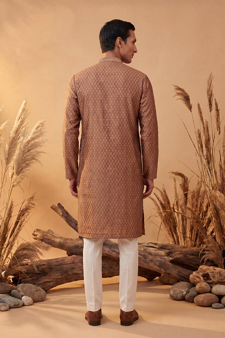 Mens Brown Jacquard Woven Design Straight Kurta With Trouser | SHOBITAM