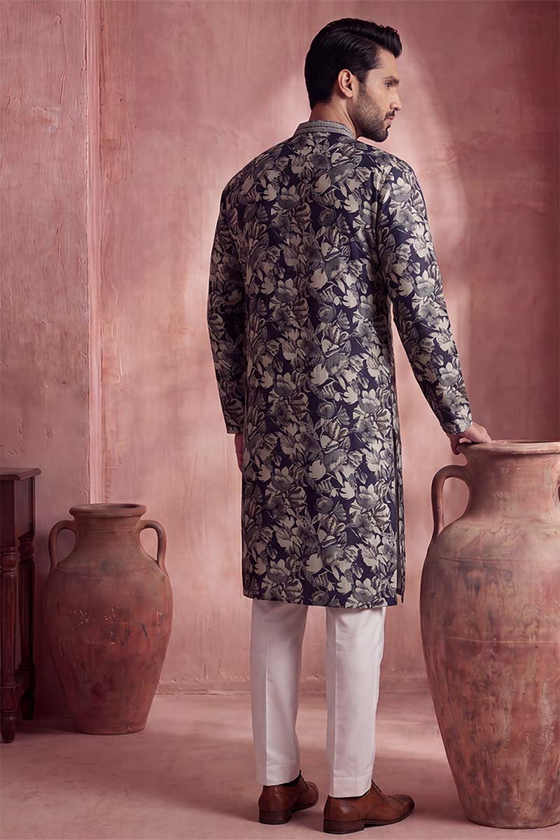 Mens Blue Viscose Rayon Floral Printed Kurta With Trousers | SHOBITAM