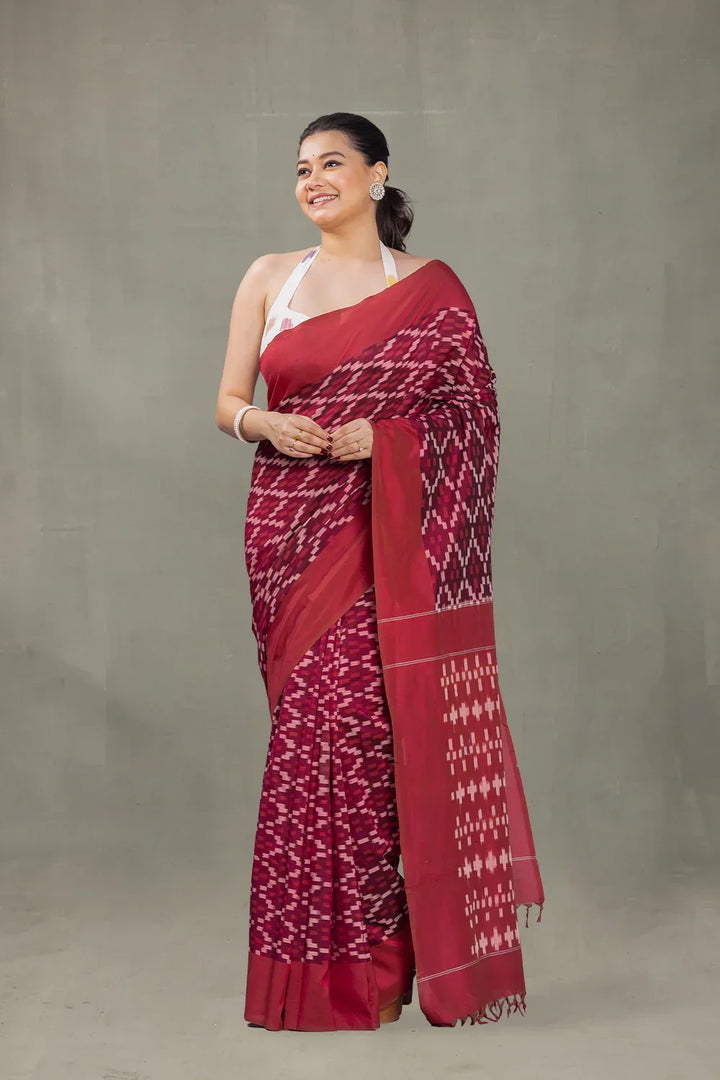 Handloom Ruby Red Ikkat Cotton Silk Saree | SHOBITAM