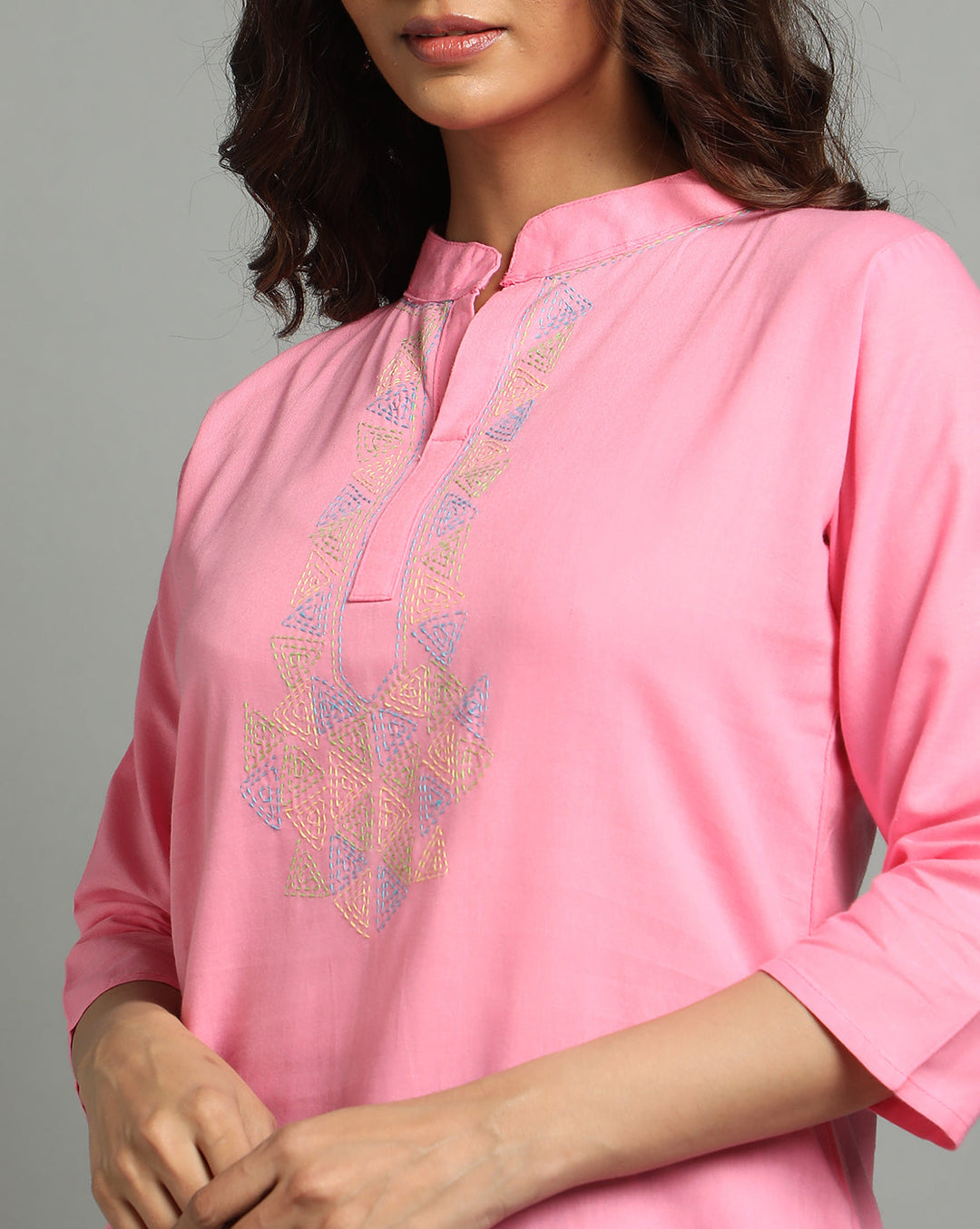 Baby Pink Kantha Cotton Kurta | SHOBITAM