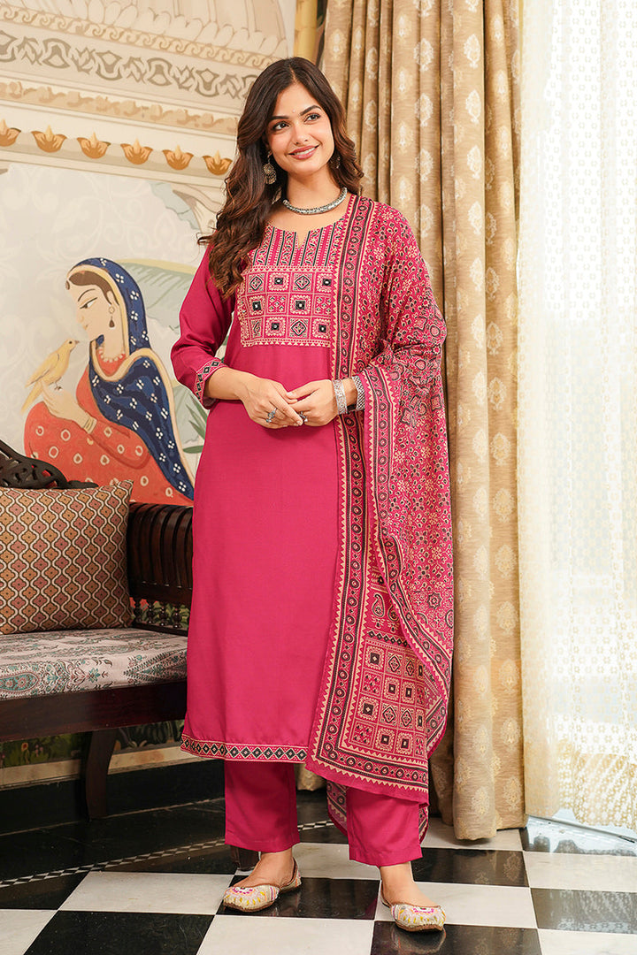 Pink Cotton Blend Ajrakh Printed Straight Kurta Trousers With Dupatta | SHOBITAM