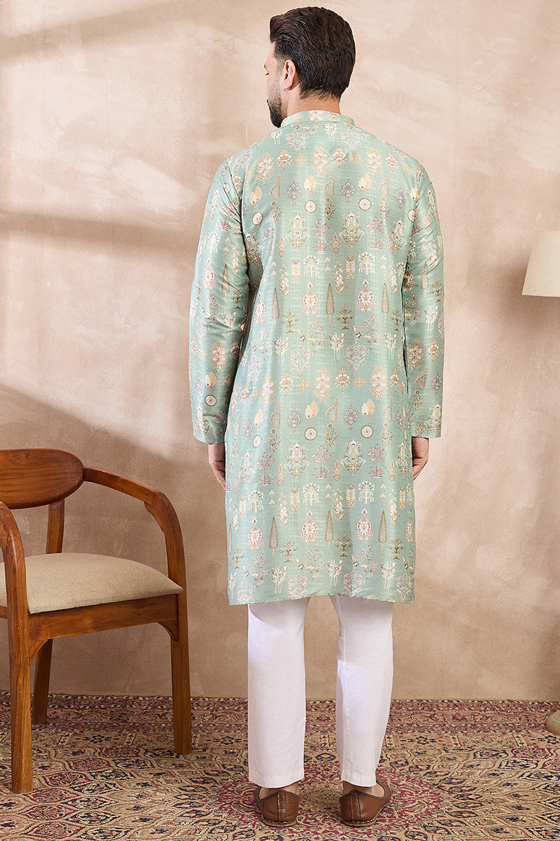 Green Silk Blend Floral Printed Straight Kurta With Trouser | SHOBITAM