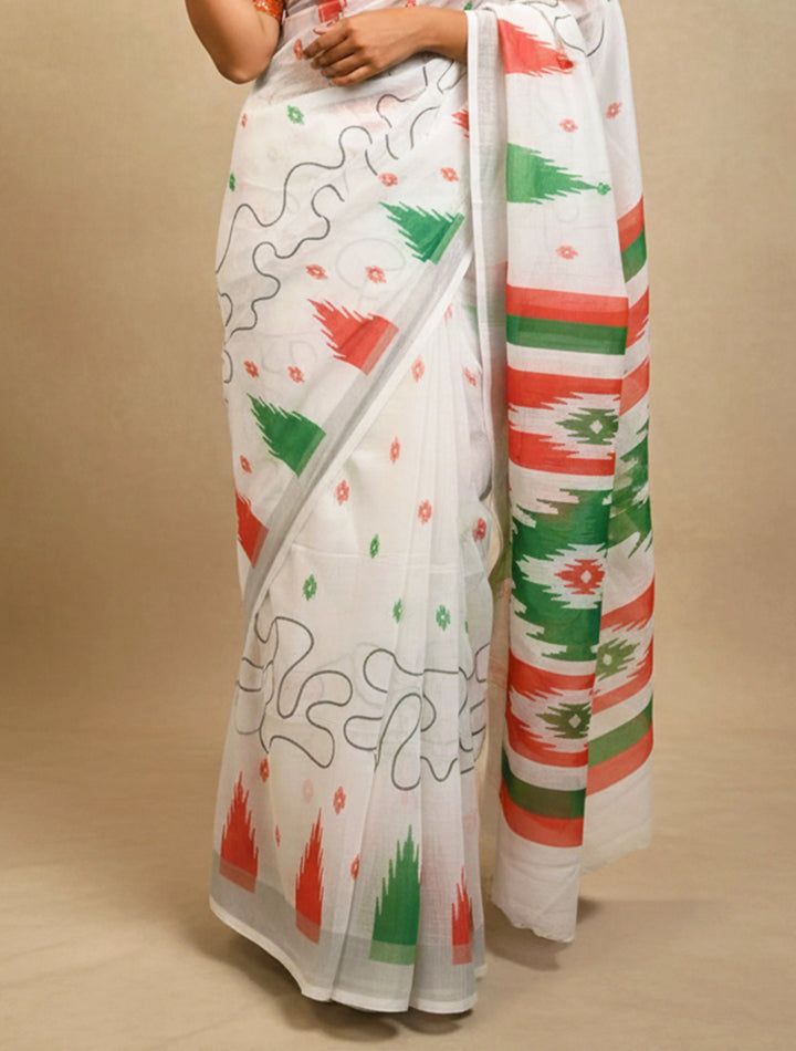 White Ikat Print Cotton Saree With Unstitched Blouse | SHOBITAM