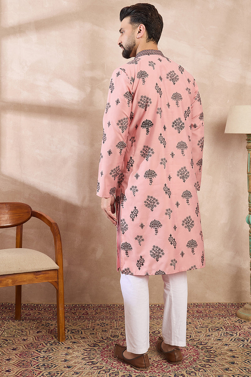 Peach Silk Blend Solid Embroidered Straight Kurta With Trouser For Men | SHOBITAM