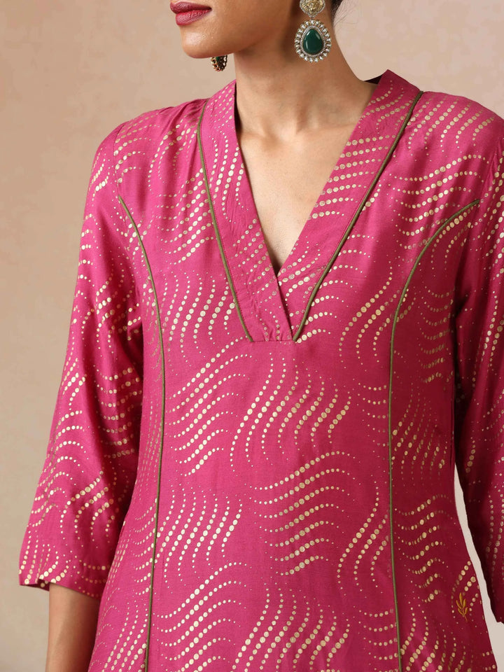 Pink Gold Foil Print Muslin Silk A-line Kurta Set | SHOBITAM