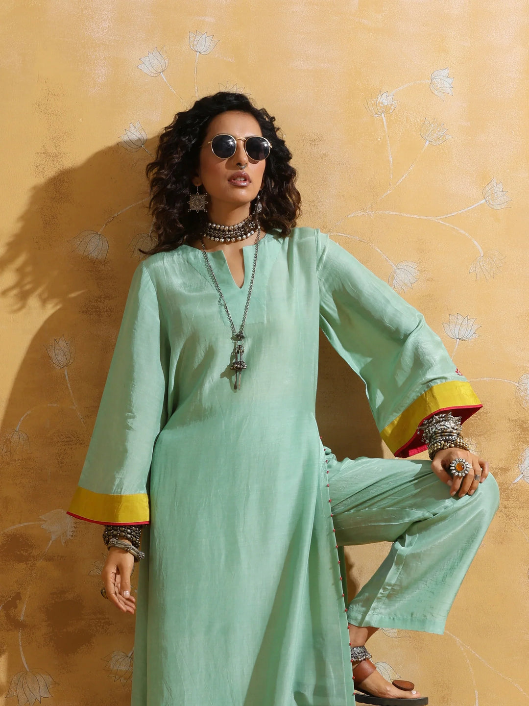 Mint Green Muslin Silk High-Slit Kurta Pant Set  | SHOBITAM