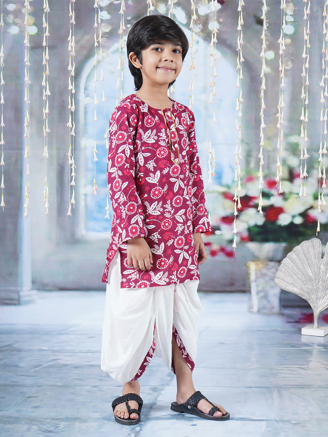 Boys Cotton Full Sleeves Kurta Dhoti with Floral Print and Pearl Buttons - Mahroon and Cream  | SHOBITAM