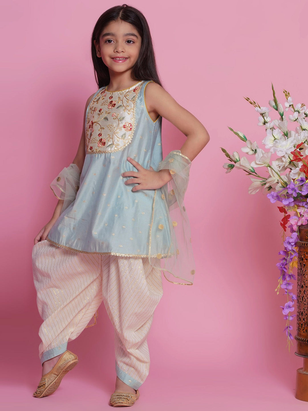 Chanderi Silk Floral Kurta with Dhoti Salwar & Dupatta - Dolphin Blue | SHOBITAM