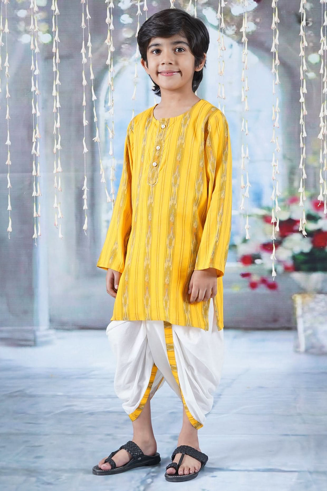 Boys Cotton Full Sleeves Ikat Kurta with Dhoti and Pearl Buttons - Yellow | SHOBITAM