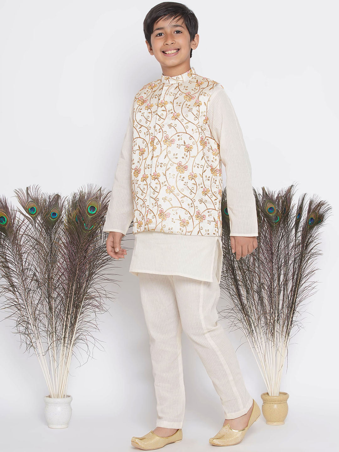 Orange Pink Floral Embroidery Jacket with Cotton Kantha kurta and Kantha Pyjama | SHOBITAM
