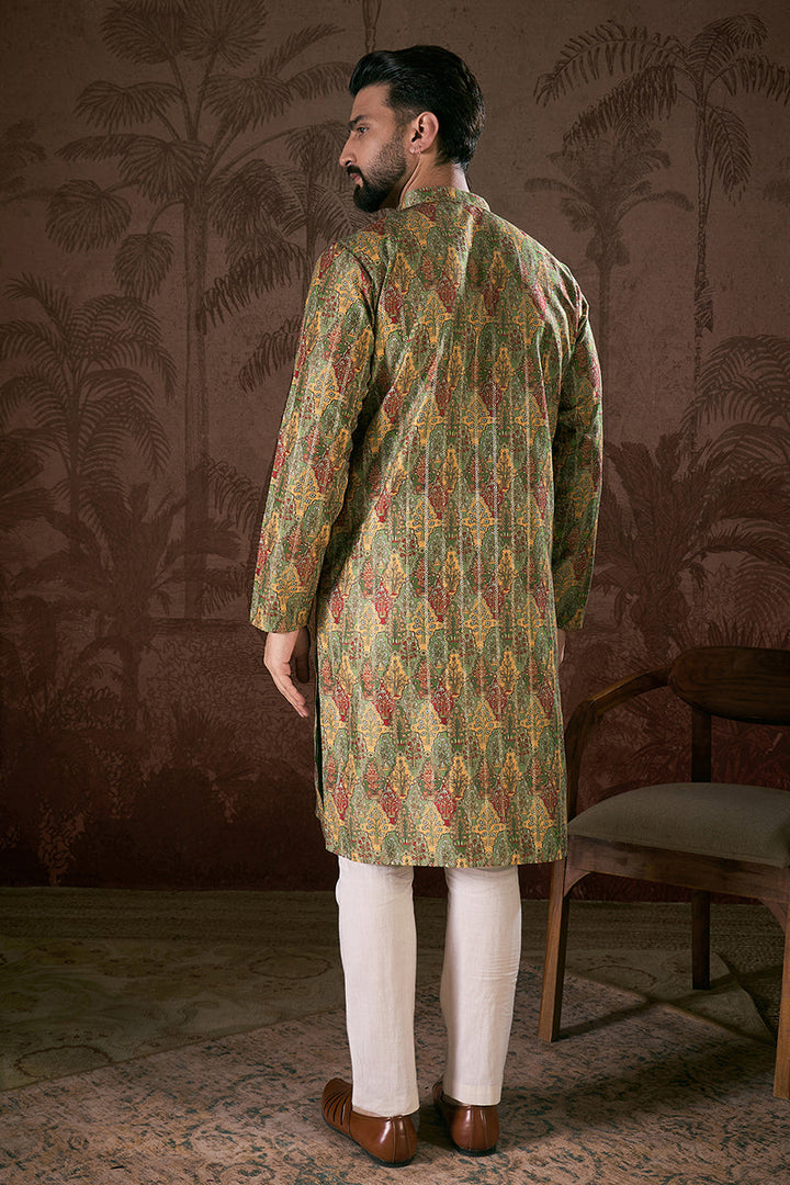 Green Silk Blend Floral Printed Straight Kurta For Men | SHOBITAM