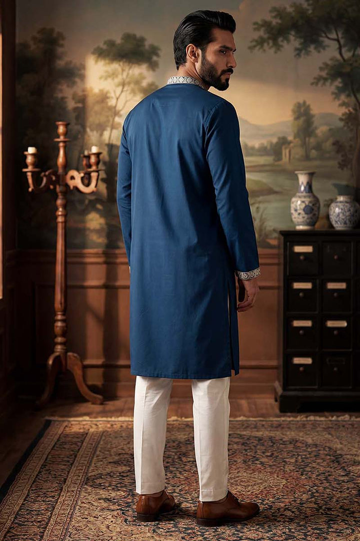 Silk Blend Blue Solid Embroidered Calf Length Straight Kurta | SHOBITAM