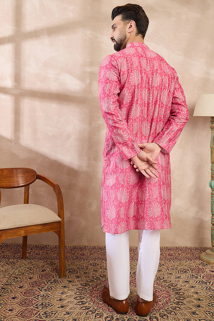 Pink Silk Blend Floral Printed Straight Kurta With Trouser | SHOBITAM