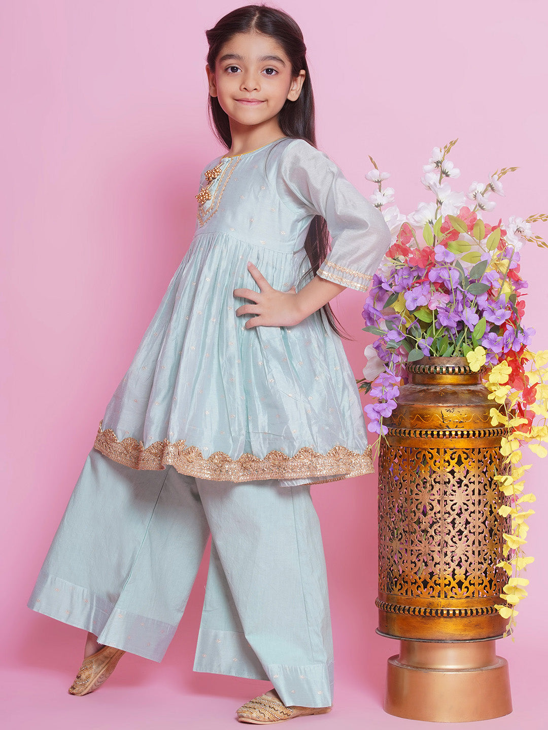 Girls Chanderi Cotton Three Fourth Sleeves Kurta Frock with Plazzo and Dupatta with Boota, Lace & Tussel work - Dolphin Green | SHOBITAM