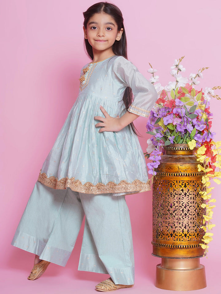 Girls Chanderi Cotton Three Fourth Sleeves Kurta Frock with Plazzo and Dupatta with Boota, Lace & Tussel work - Dolphin Green | SHOBITAM