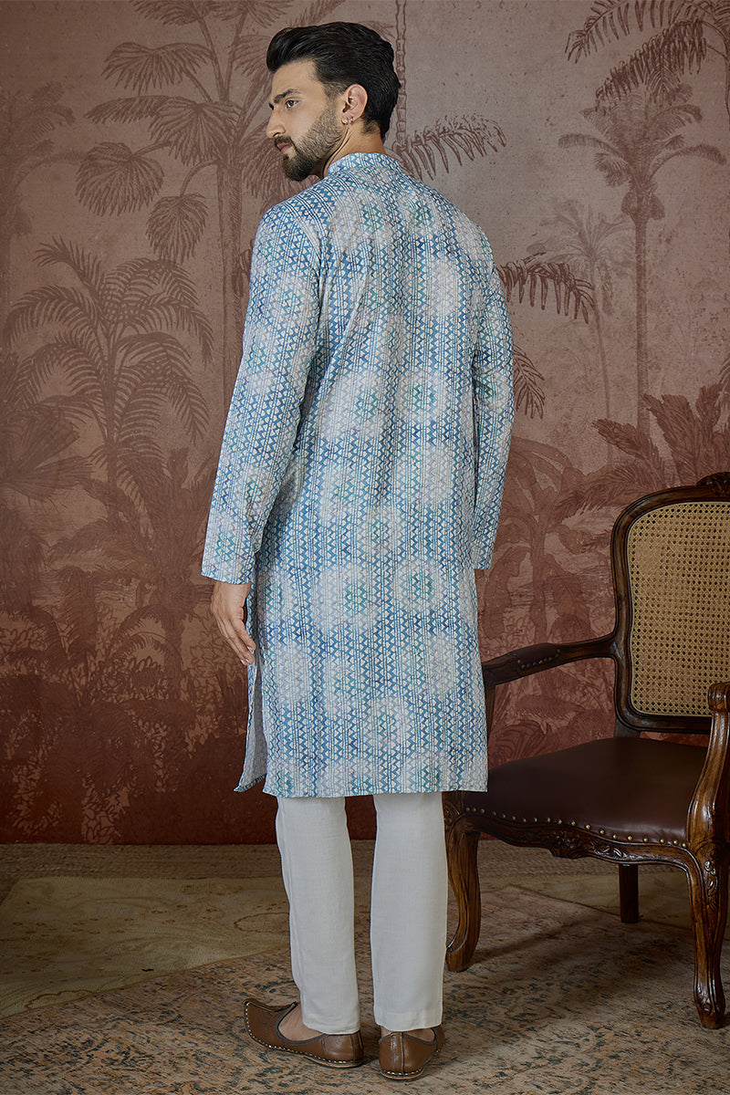 Mens Blue Linen Ethnic Motifs Printed Regular Kurta With Trouser | SHOBITAM