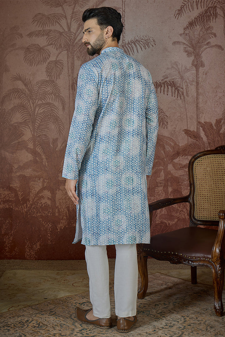 Mens Blue Linen Ethnic Motifs Printed Regular Kurta With Trouser | SHOBITAM