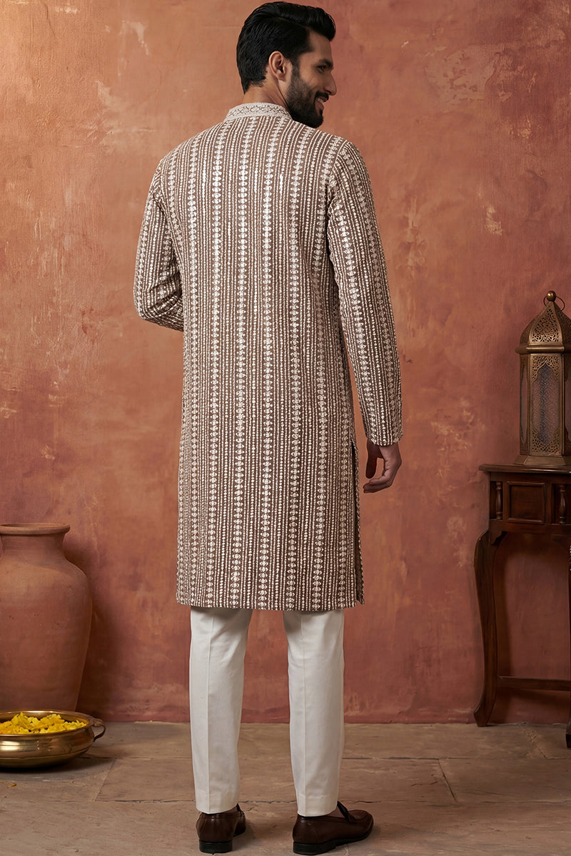 Brown Rayon Blend Embroidered Straight Kurta With Trousers | SHOBITAM