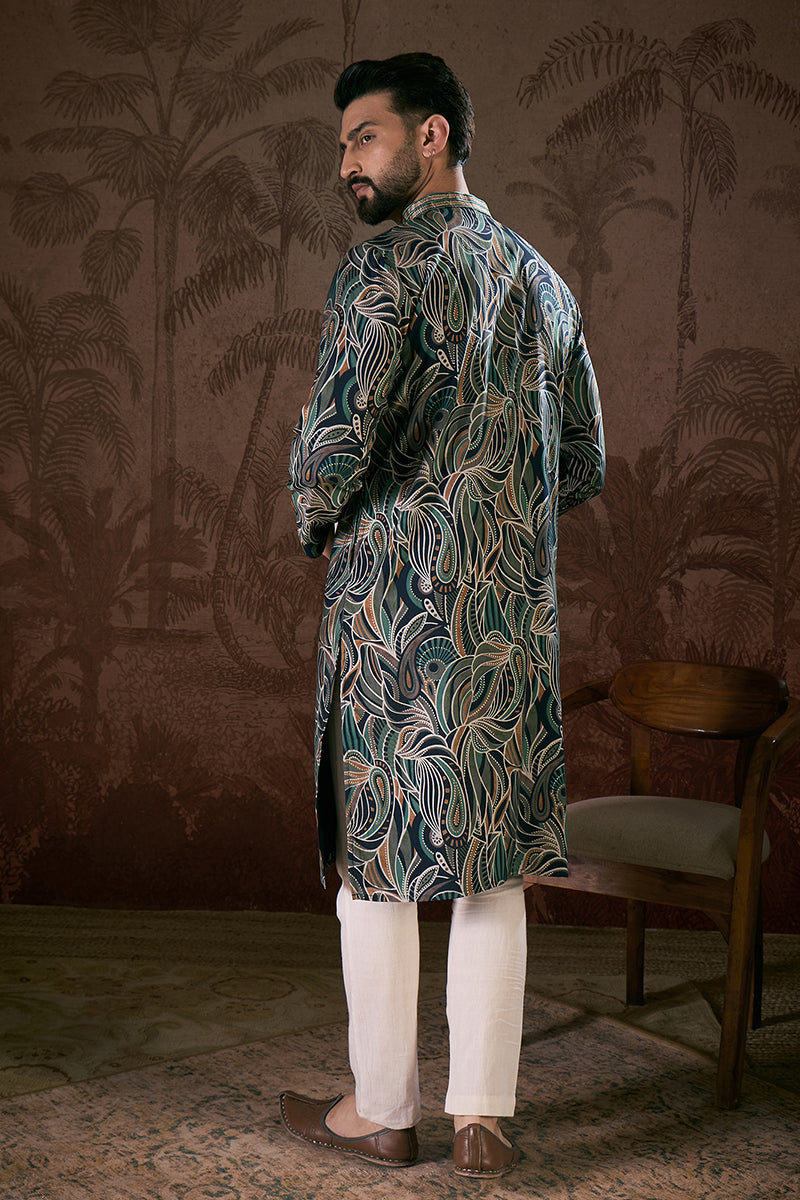 Navy Blue Silk Blend Abstract Printed Straight Kurta With Trouser | SHOBITAM
