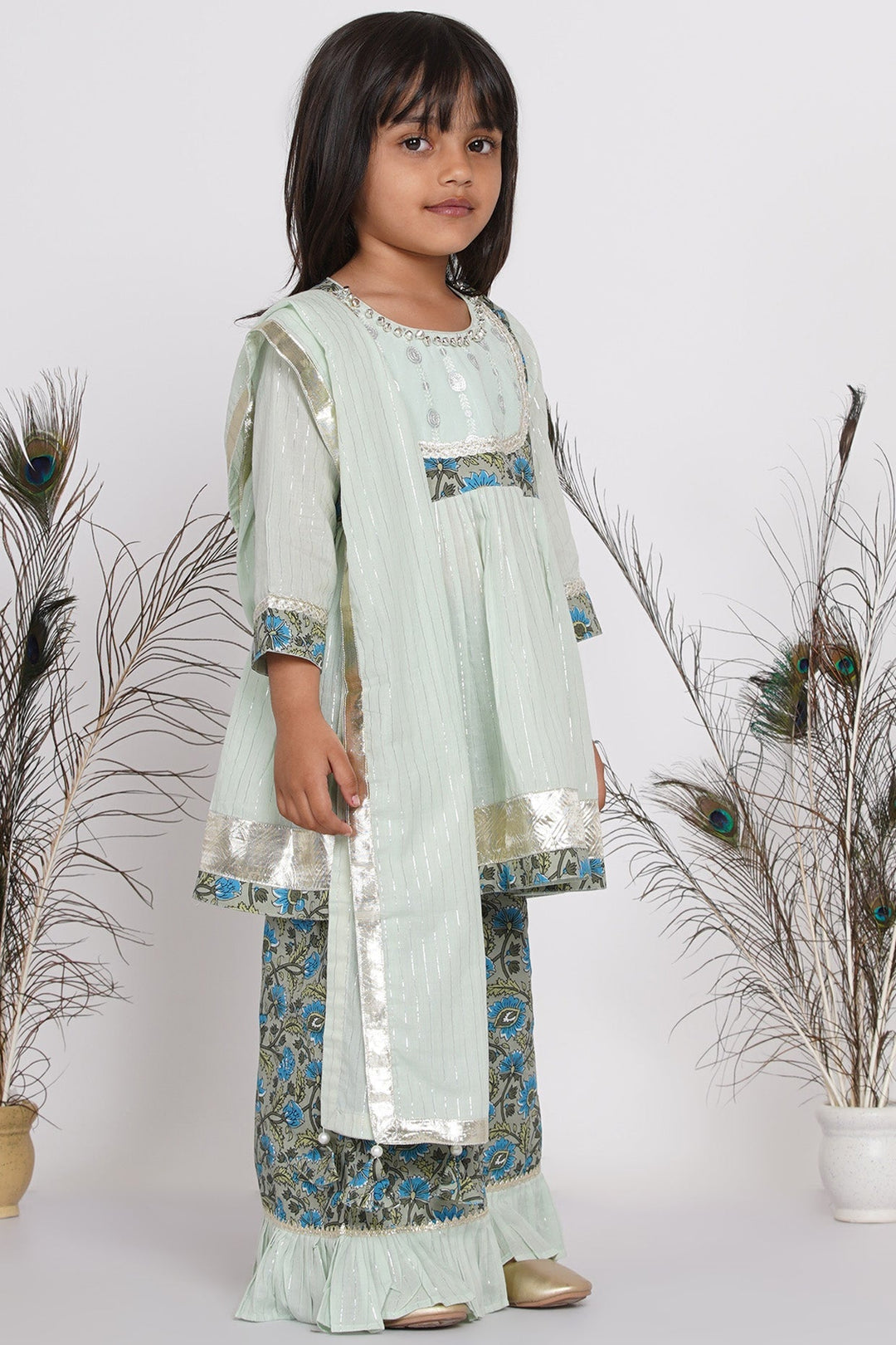 Girls Zardosi Work Kurta Frock with Plazzo and Striped Dupatta  | SHOBITAM