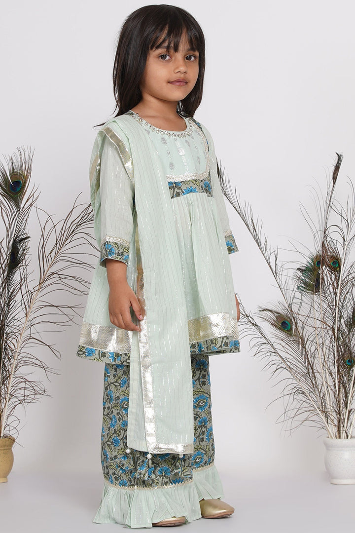 Girls Zardosi Work Kurta Frock with Plazzo and Striped Dupatta  | SHOBITAM