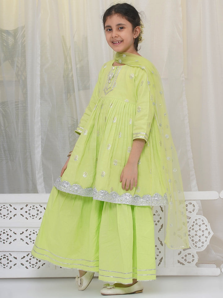Girls Cotton Three Fourth Sleeves Frock Style Kurta with Sharara and Net Dupatta with Rose & Petal Design Zari work -Green | SHOBITAM