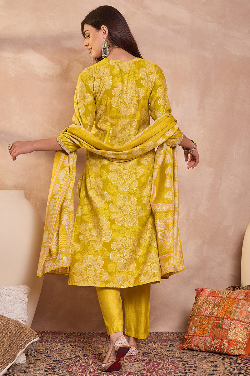 Yellow Poly Silk Floral Printed Straight Kurta Trouser With Dupatta | SHOBITAM