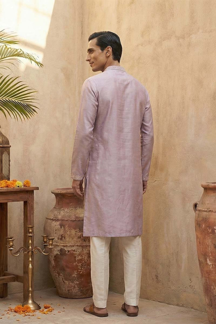 Lavender Silk Blend Embroidered Straight Kurta | SHOBITAM