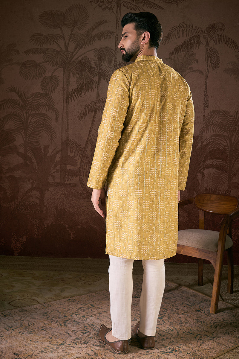 Mustard Silk Blend Ethnic Motifs Printed Straight Kurta With Trouser | SHOBITAM