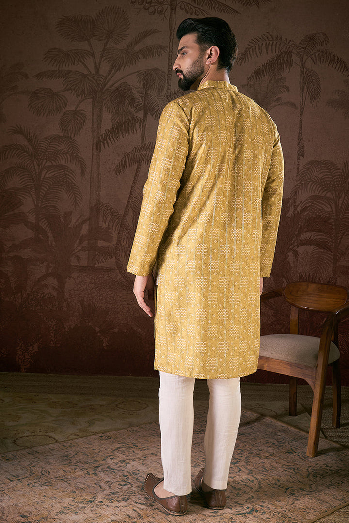 Mustard Silk Blend Ethnic Motifs Printed Straight Kurta With Trouser | SHOBITAM
