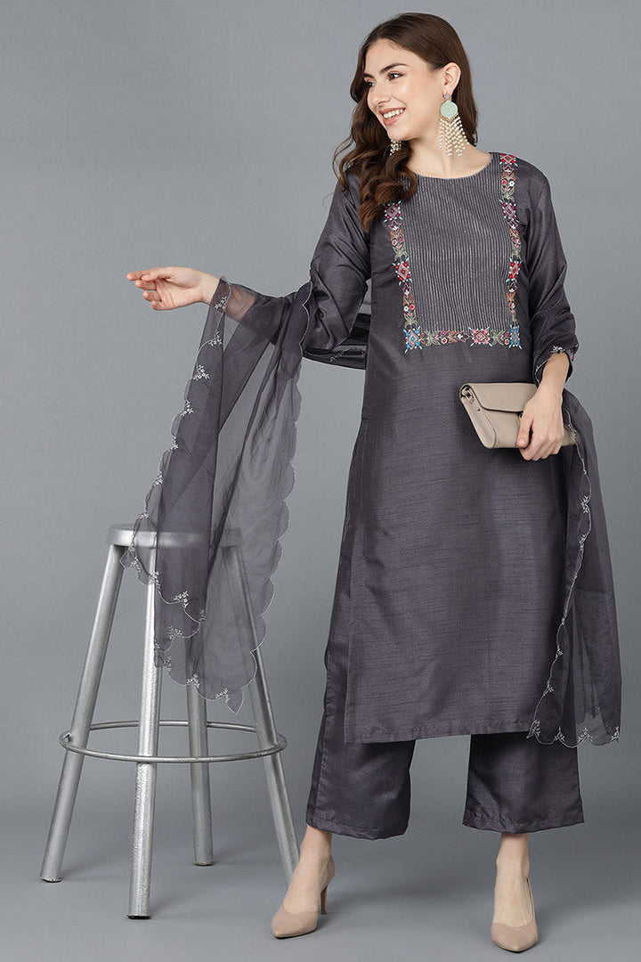 Women Charcoal Poly Silk Embroidered Kurta Trousers With Dupatta  | SHOBITAM