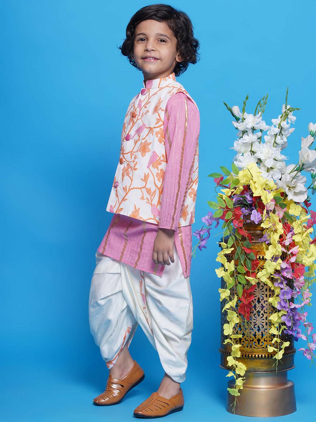 Cotton Sleevelees Floral Bird Thread Embrodiery Nehru Jacket with Striped Kurta and Dhoti - Pink and Cream | SHOBITAM