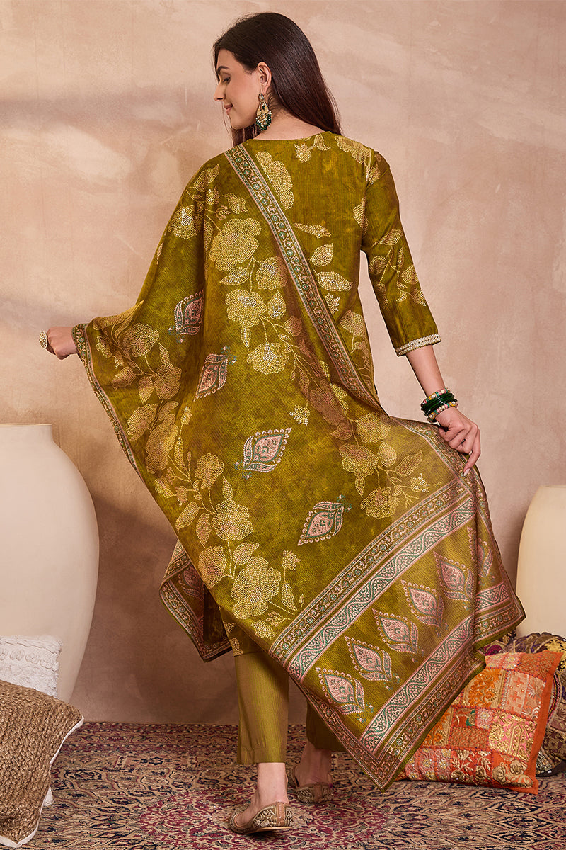 Green Silk Blend Floral Printed Straight Kurta Trouser With Dupatta | SHOBITAM