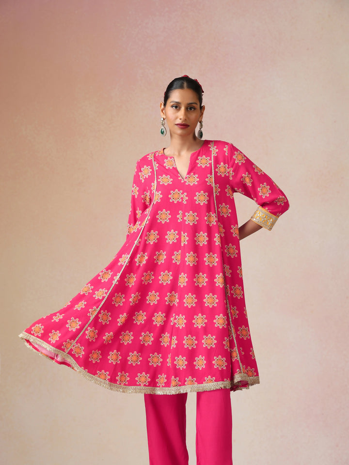 Pink Boota Print Viscose Flared Kurta Co-ord Set | SHOBITAM