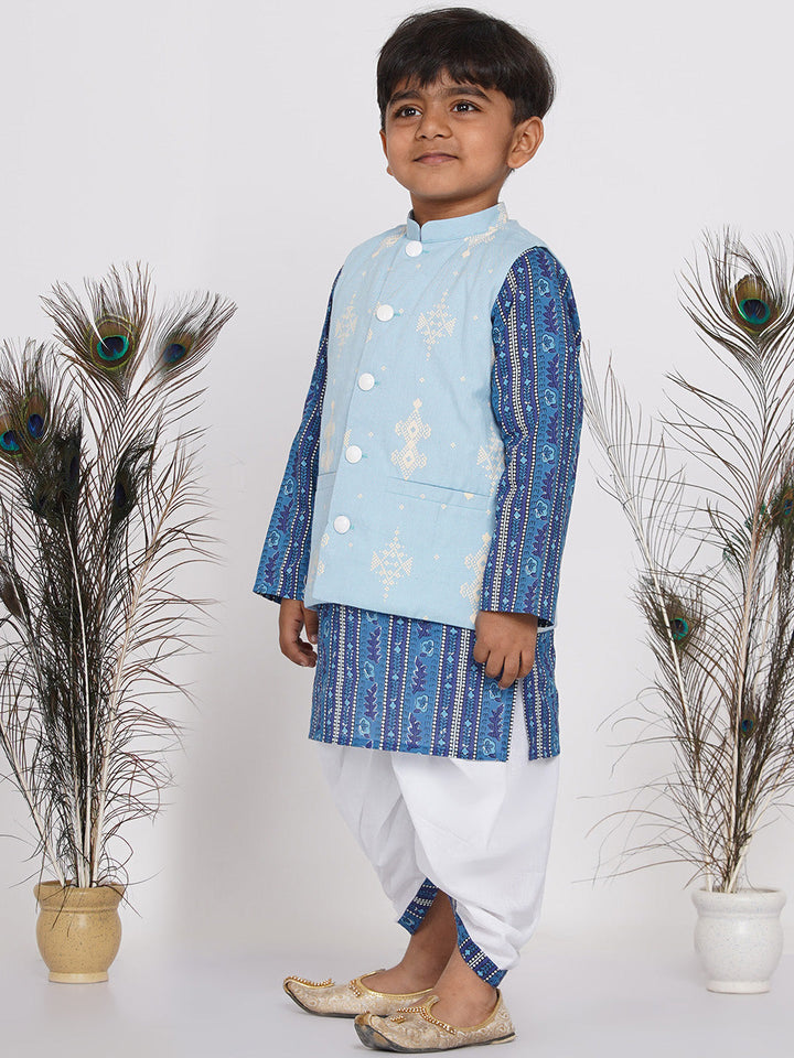 Boys Floral Indigo Kurta with Nehru Jacket and Marwari Dhoti  | SHOBITAM