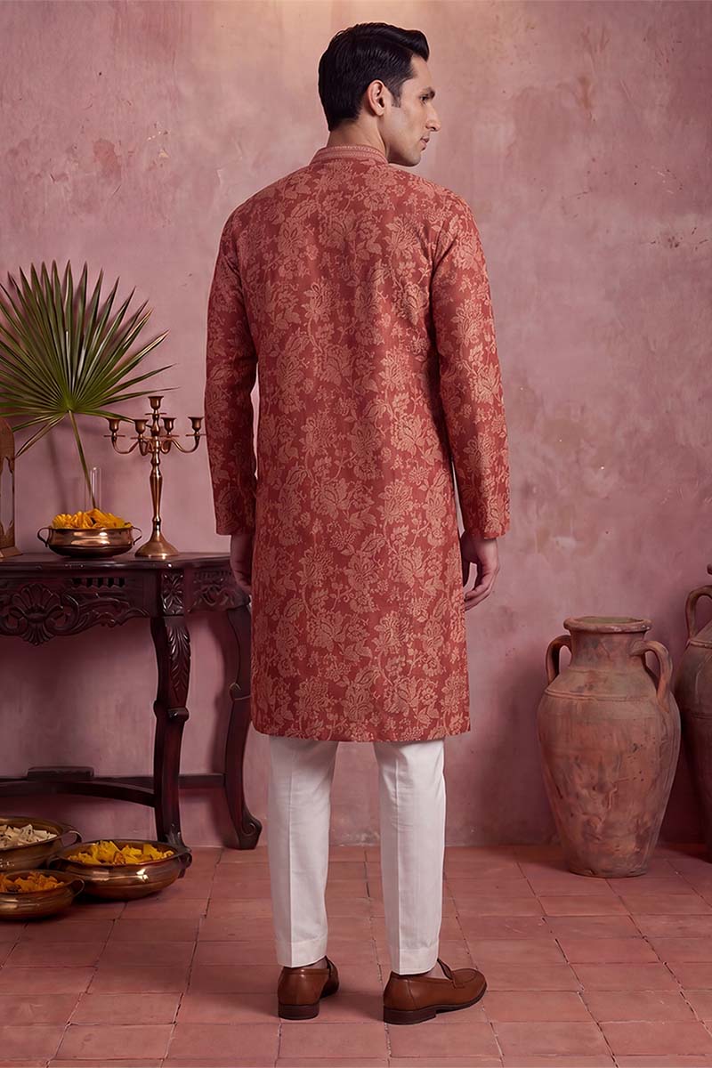 Mens Red Silk Blend Floral Printed Kurta With Trousers | SHOBITAM