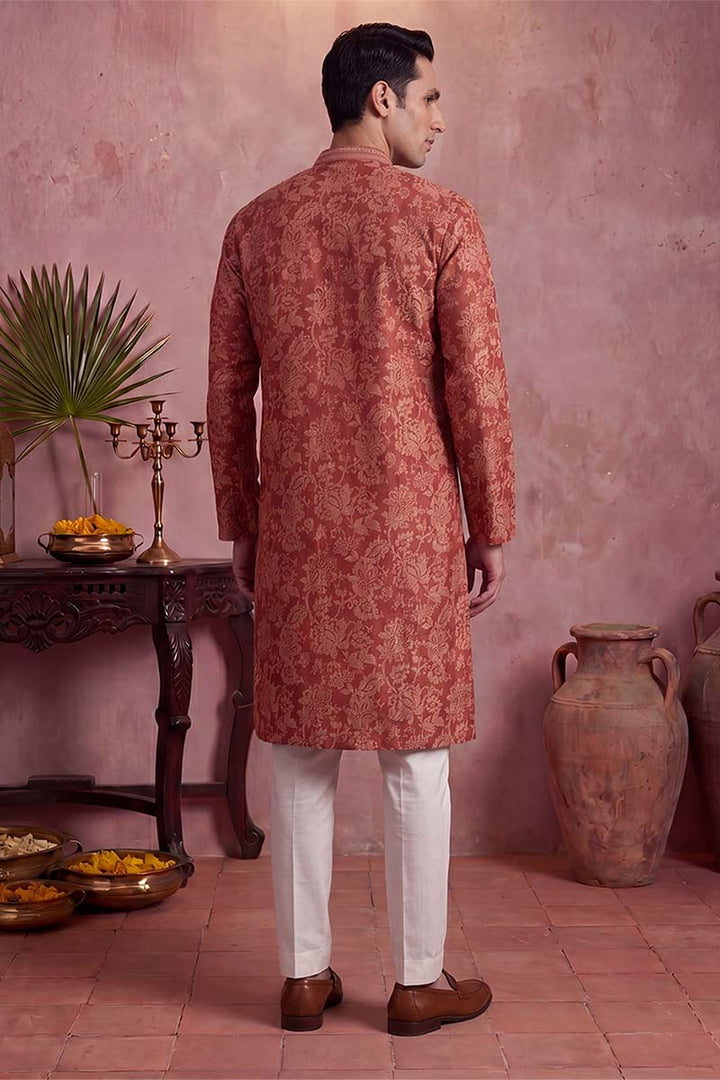 Mens Red Silk Blend Floral Printed Kurta With Trousers | SHOBITAM